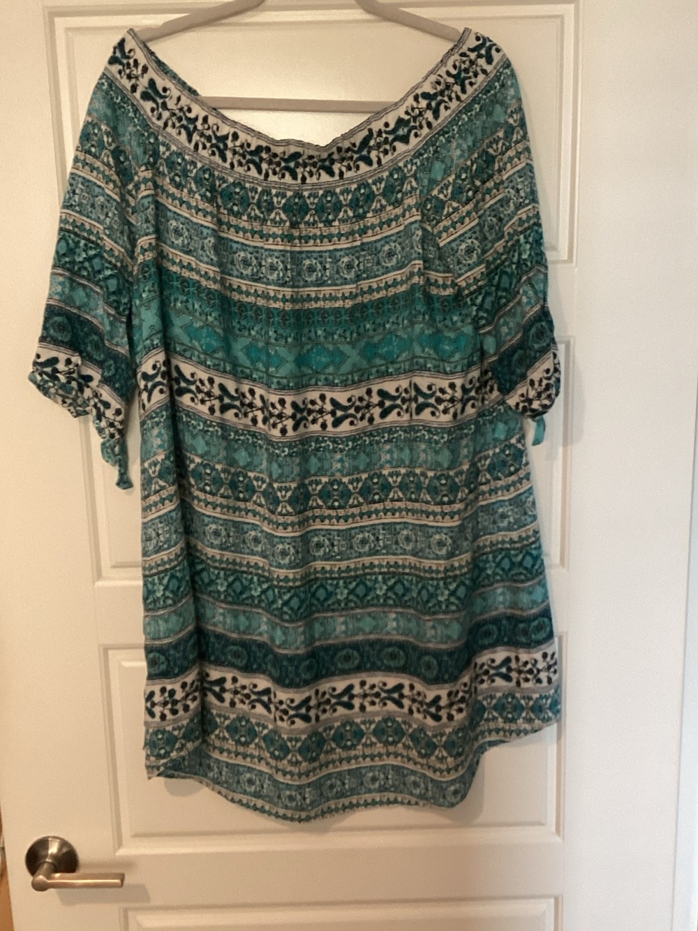 Nicole Miller Teal and Cream Patterned Mini Dress with tied sleeves